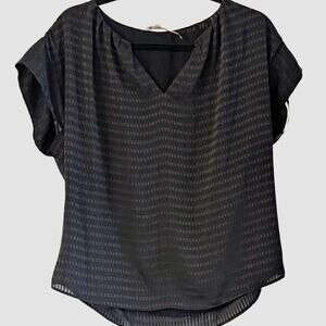 Calvin Klein Black Work Blouse M Textured V Neck Lined Cap Sleeve Top